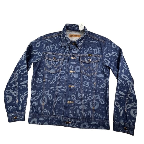 Wrangler x Deadfellaz Trucker Jacket Men's Small Blue DFZ All Over Print Denim - Picture 1 of 10